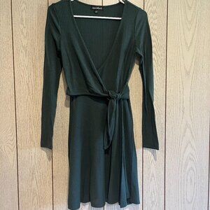 Sequin Hearts Tie Front Ribbed Knit Wrap Dress Dark Forest Green Women's S